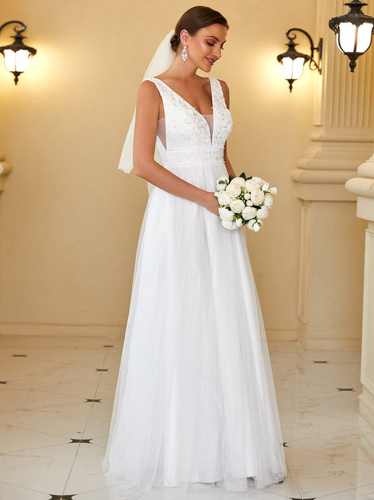 Wedding Dress - Elegant Sleeveless A Line Wholesale Wedding Dresses with Deep V Neck - MsDressly