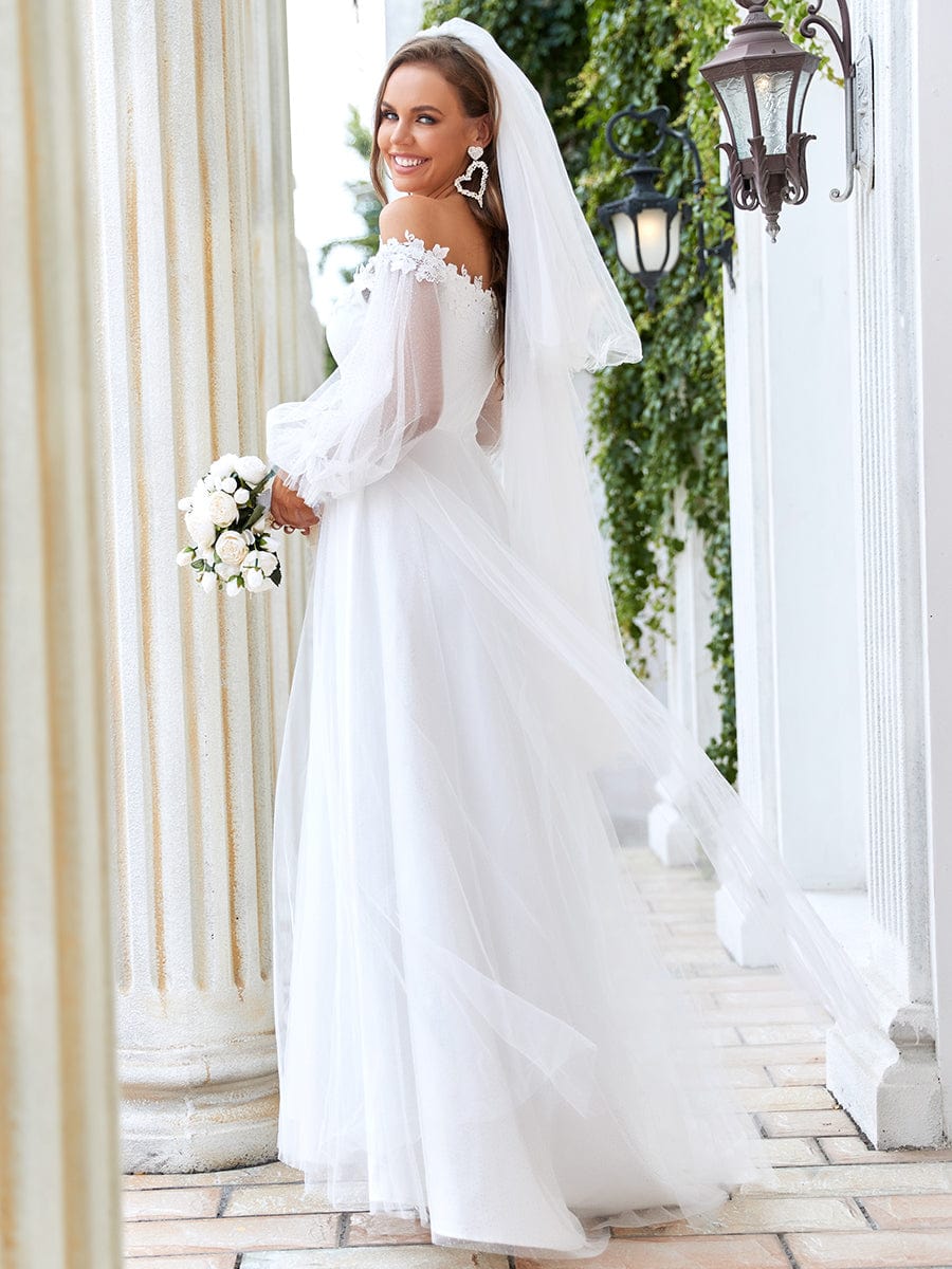 Wedding Dress - A Line V Neck Bishop Sleeves Wholesale Wedding Dresses - MsDressly