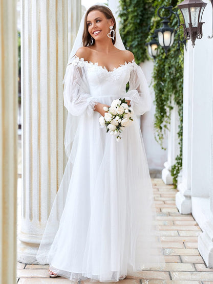 Wedding Dress - A Line V Neck Bishop Sleeves Wholesale Wedding Dresses - MsDressly