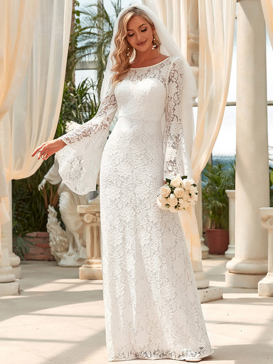 A-Line Wedding Dress with Round Neck and Bat-Wing Sleeves
