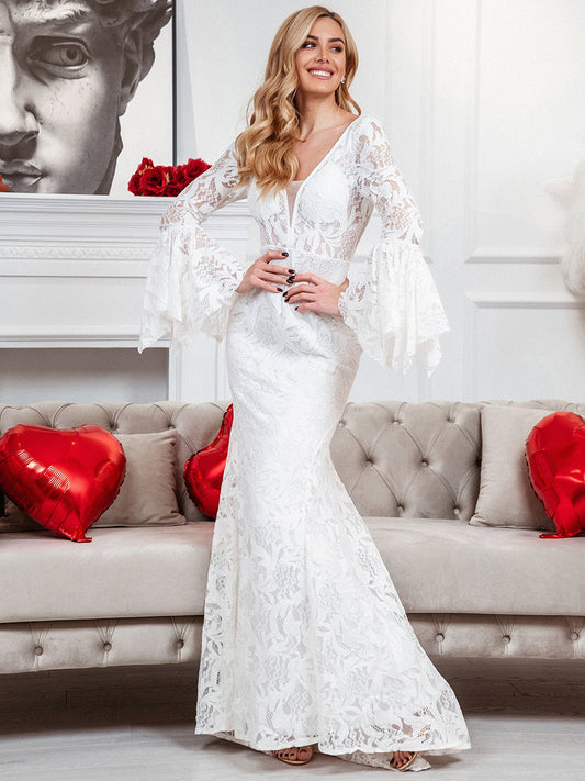 Royal V-neck Fishtail Wedding Gown with Long Bat-Wing Sleeves
