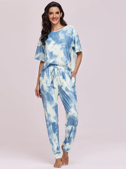 Colorful Tie-Dye Round Neck Pajama Set with Short Sleeves