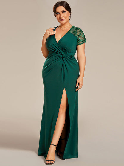 Plus Deep-V Side Split Appliques Ruched Belt Wholesale Evening Dress