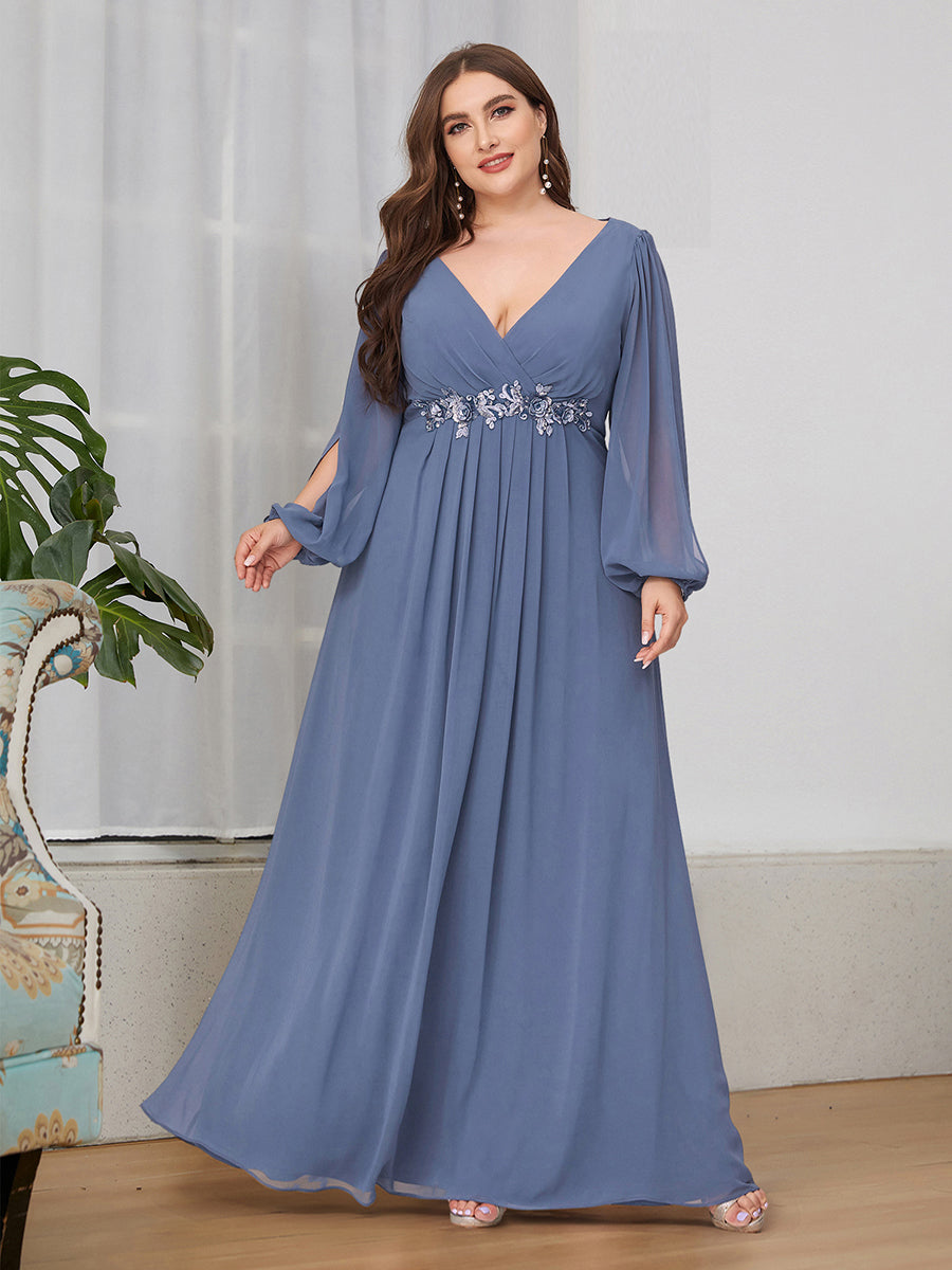 Sophisticated Deep V-Neck Formal Dress with Long Lantern Sleeves