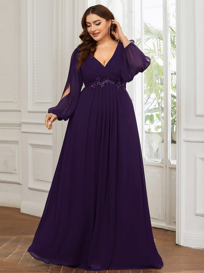 Sophisticated Deep V-Neck Formal Dress with Long Lantern Sleeves