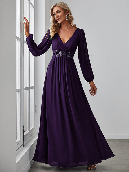 Sophisticated Deep V-Neck Formal Dress with Long Lantern Sleeves