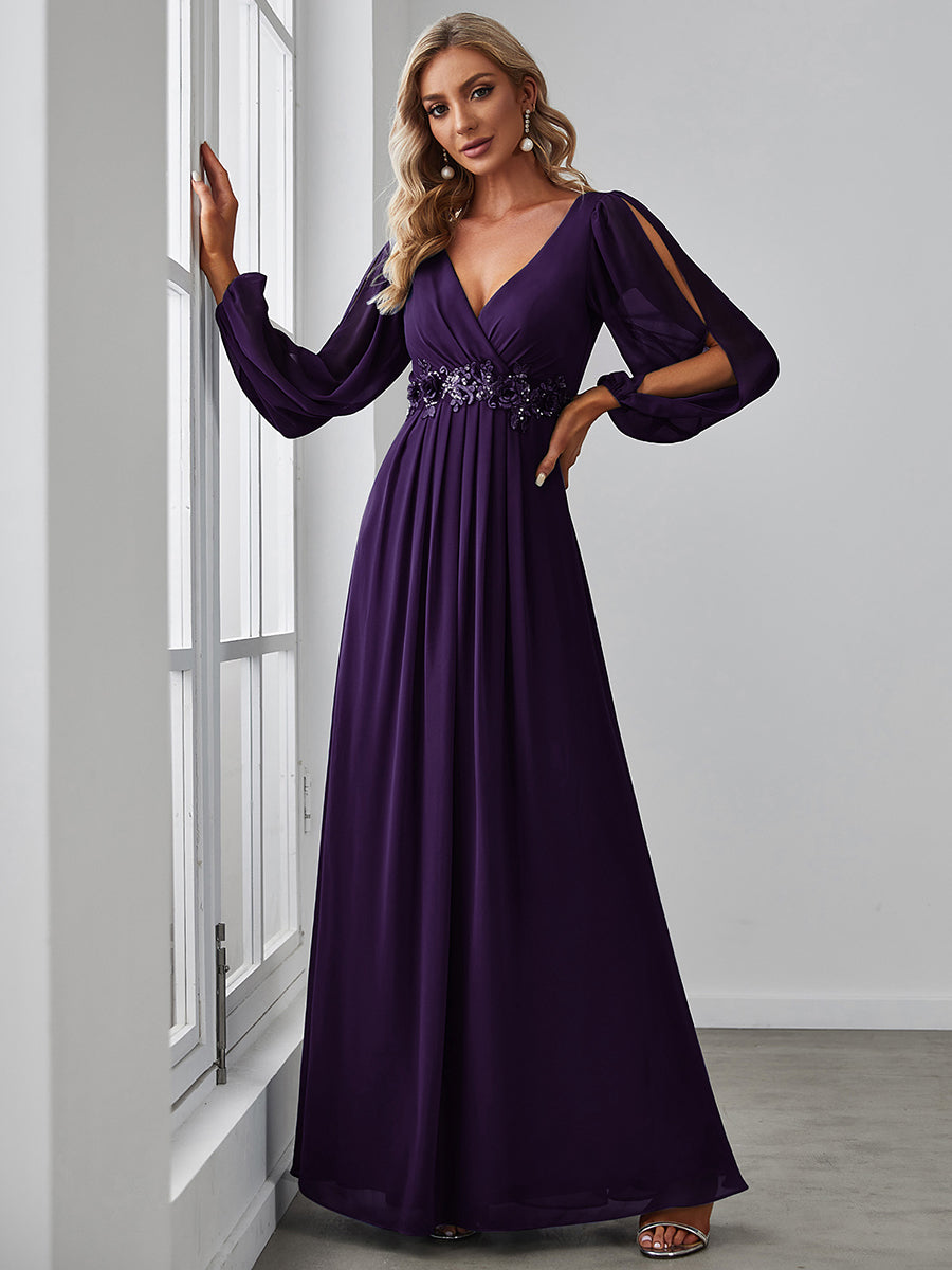 Sophisticated Deep V-Neck Formal Dress with Long Lantern Sleeves