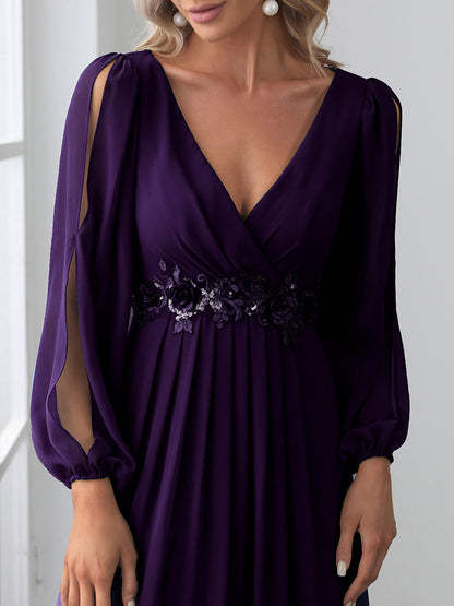 Sophisticated Deep V-Neck Formal Dress with Long Lantern Sleeves