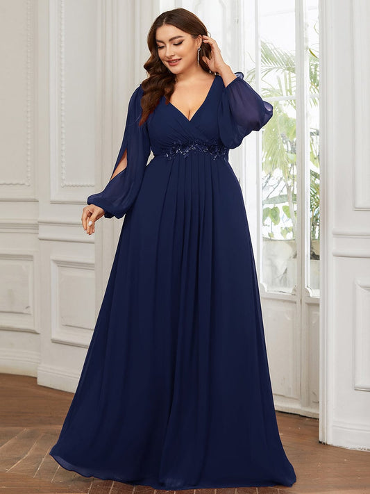 Chic Plus Size Chiffon Evening Gown with Long Lantern Sleeves and Applique Embellishment