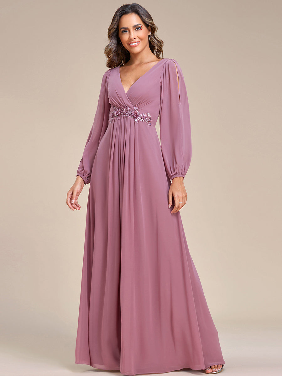 Sophisticated Deep V-Neck Formal Dress with Long Lantern Sleeves