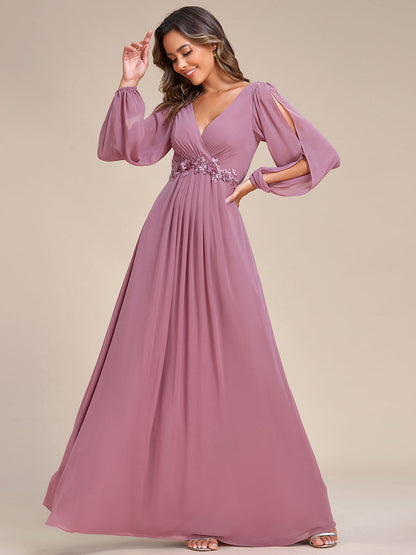 Sophisticated Deep V-Neck Formal Dress with Long Lantern Sleeves