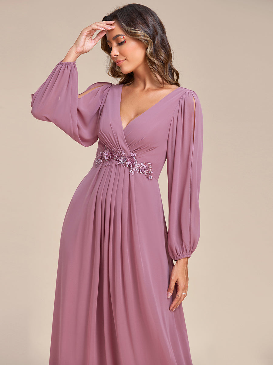 Sophisticated Deep V-Neck Formal Dress with Long Lantern Sleeves