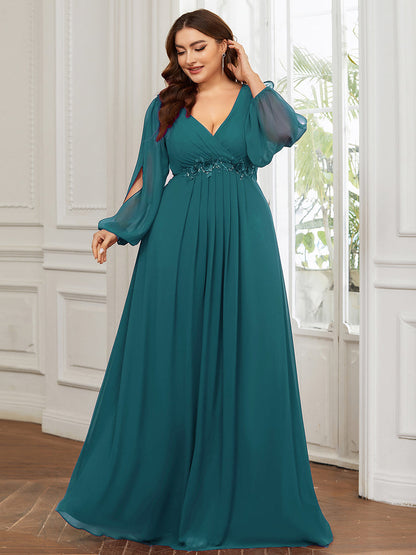 Sophisticated Deep V-Neck Formal Dress with Long Lantern Sleeves