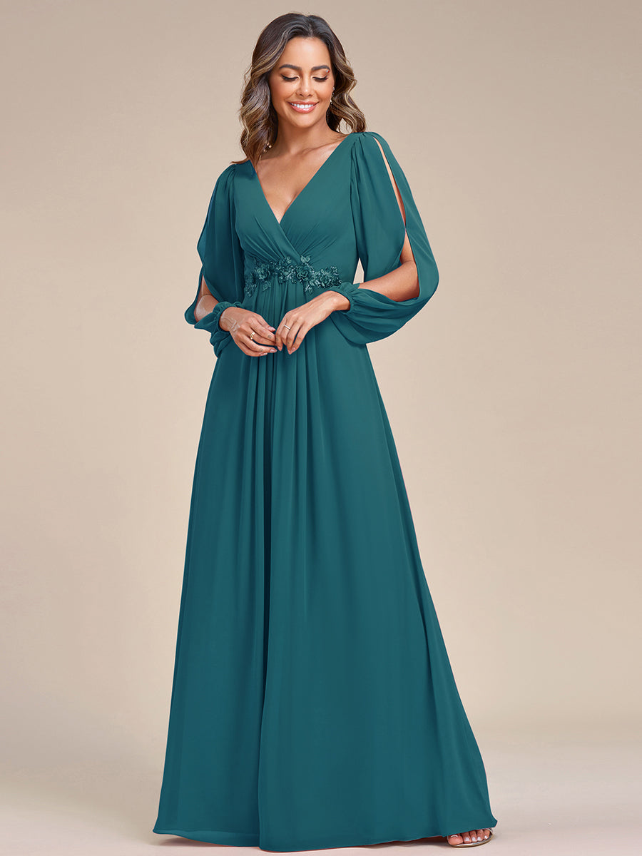 Sophisticated Deep V-Neck Formal Dress with Long Lantern Sleeves