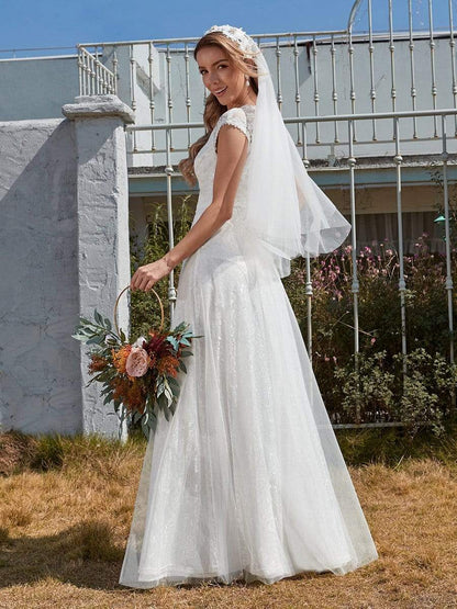 Elegant V Neck Lace Tulle Bridal Gown With Short Sleeves