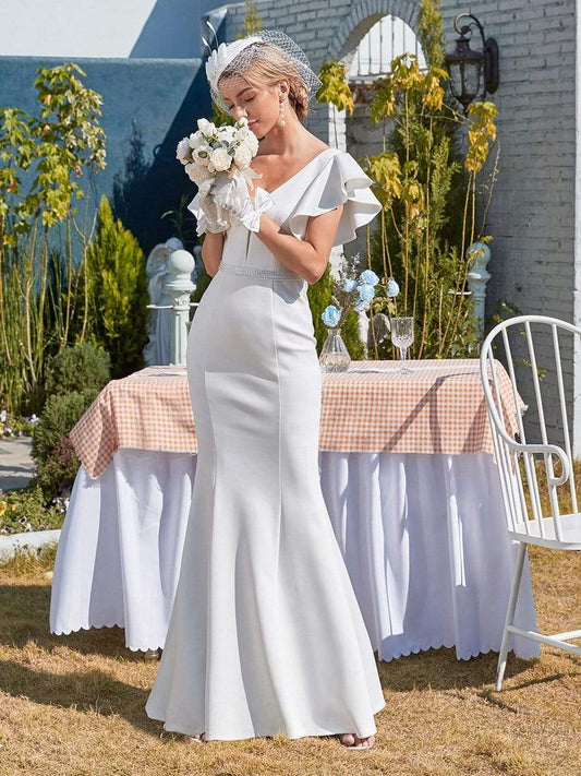 Wedding Dresses - Plain Maxi Fishtail Wholesale Wedding Dress with Ruffle Sleeves - MsDressly