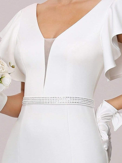 Wedding Dresses - Plain Maxi Fishtail Wholesale Wedding Dress with Ruffle Sleeves - MsDressly