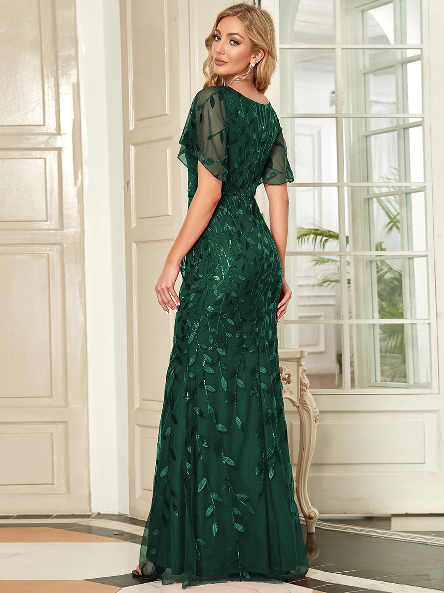 Enchanting Leaf-Sequined Fishtail Formal Party Gown