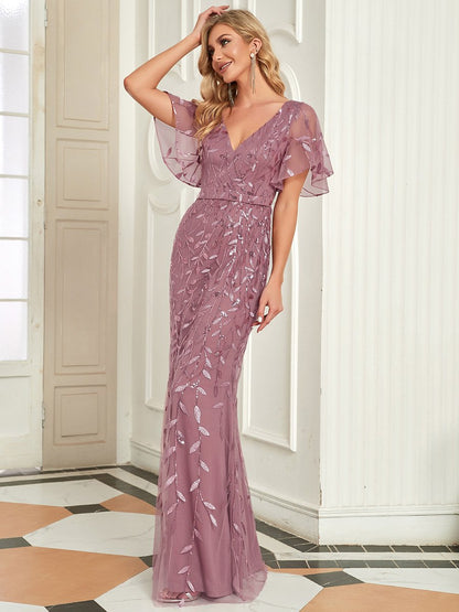 Enchanting Leaf-Sequined Fishtail Formal Party Gown