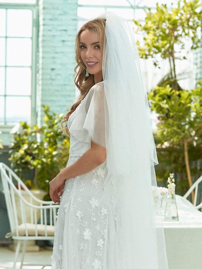 Maxi Floral Lace Wedding Gown with Chic V Neck and Flutter Sleeves