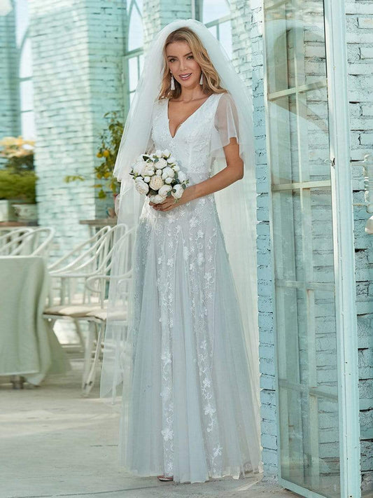 Maxi Floral Lace Wedding Gown with Chic V Neck and Flutter Sleeves