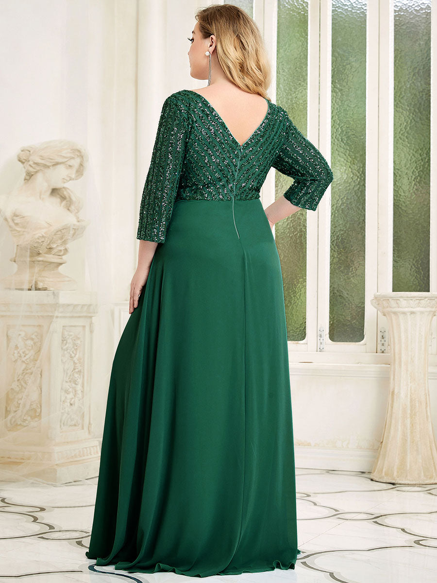 Sparkling A-Line V Neck Evening Gown with Elegant Sleeves