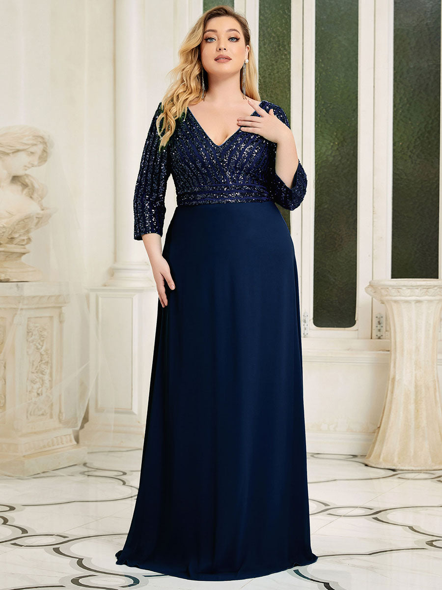 Sparkling A-Line V Neck Evening Gown with Elegant Sleeves