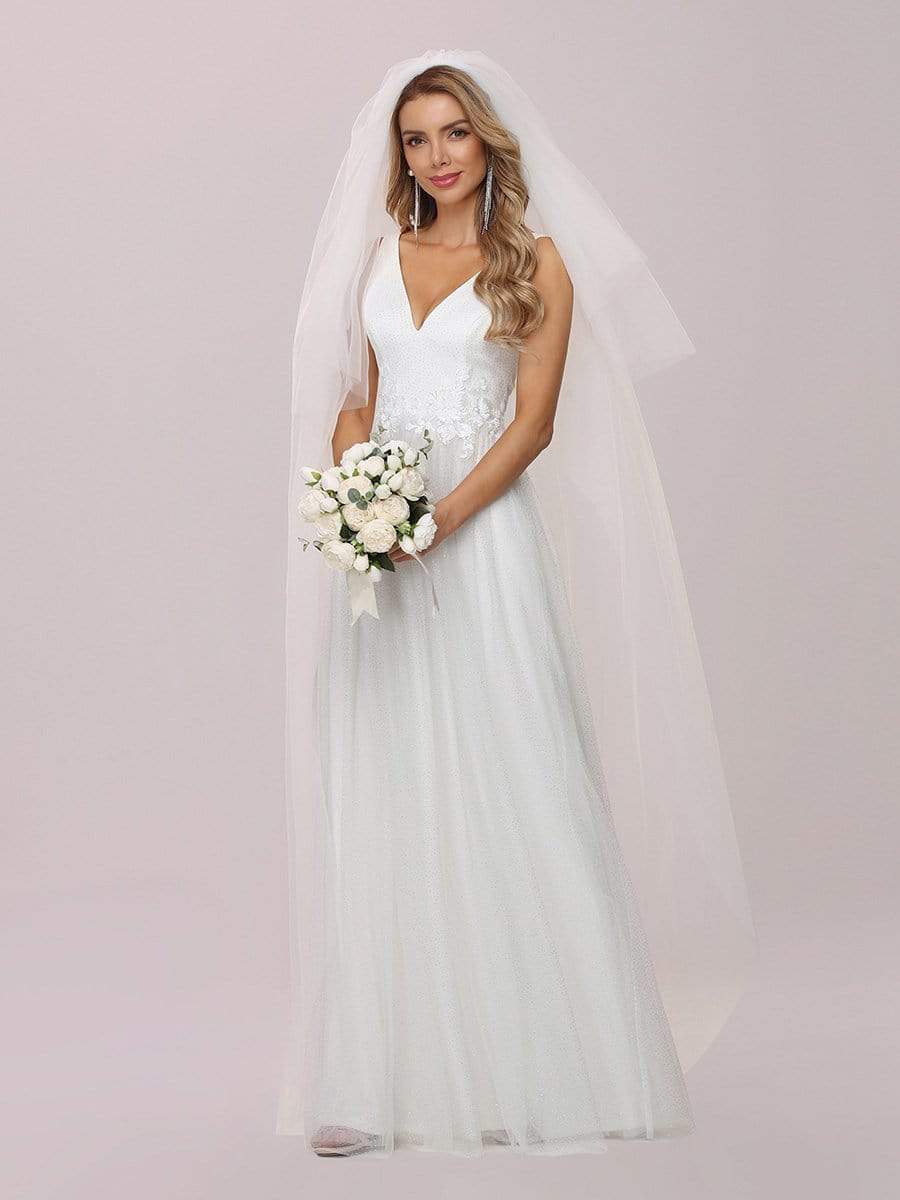 Elegant Lace Top V-Neck Wedding Gown with A-Line Tulle Skirt