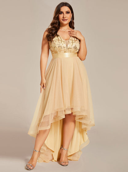 High-Low V Neck Tulle Wholesale Prom Dresses with Sequin Appliques