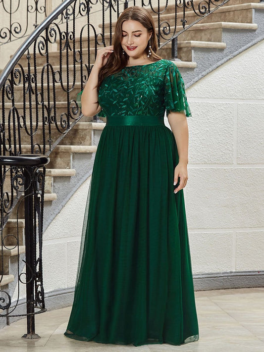 Sparkling Evening Gown with Frill Sleeves and Waistband Detail