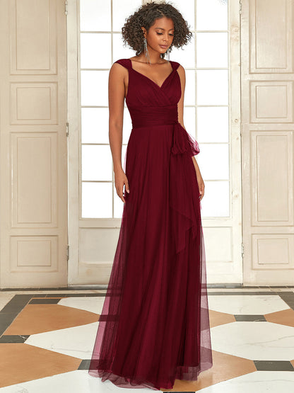 Enchanting V-Neck A-Line Bridesmaid Dress with Ribbon Waist Belt