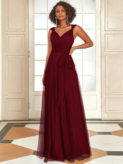 Enchanting V-Neck A-Line Bridesmaid Dress with Ribbon Waist Belt