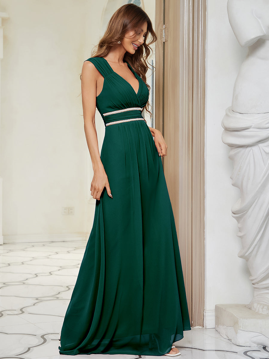 Stylish V Neck A-Line Bridesmaid Gown Featuring Waist Belt