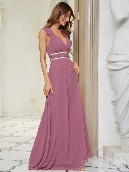 Stylish V Neck A-Line Bridesmaid Gown Featuring Waist Belt