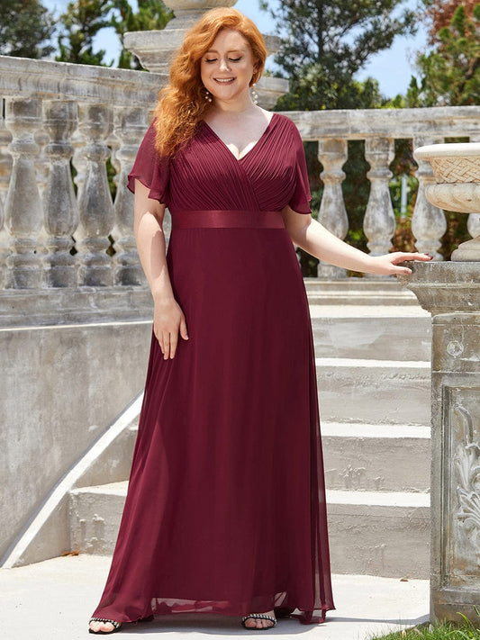 Flutter Sleeve Double V-Neck Plus Size Evening Gown with Ruffled Empire Waist