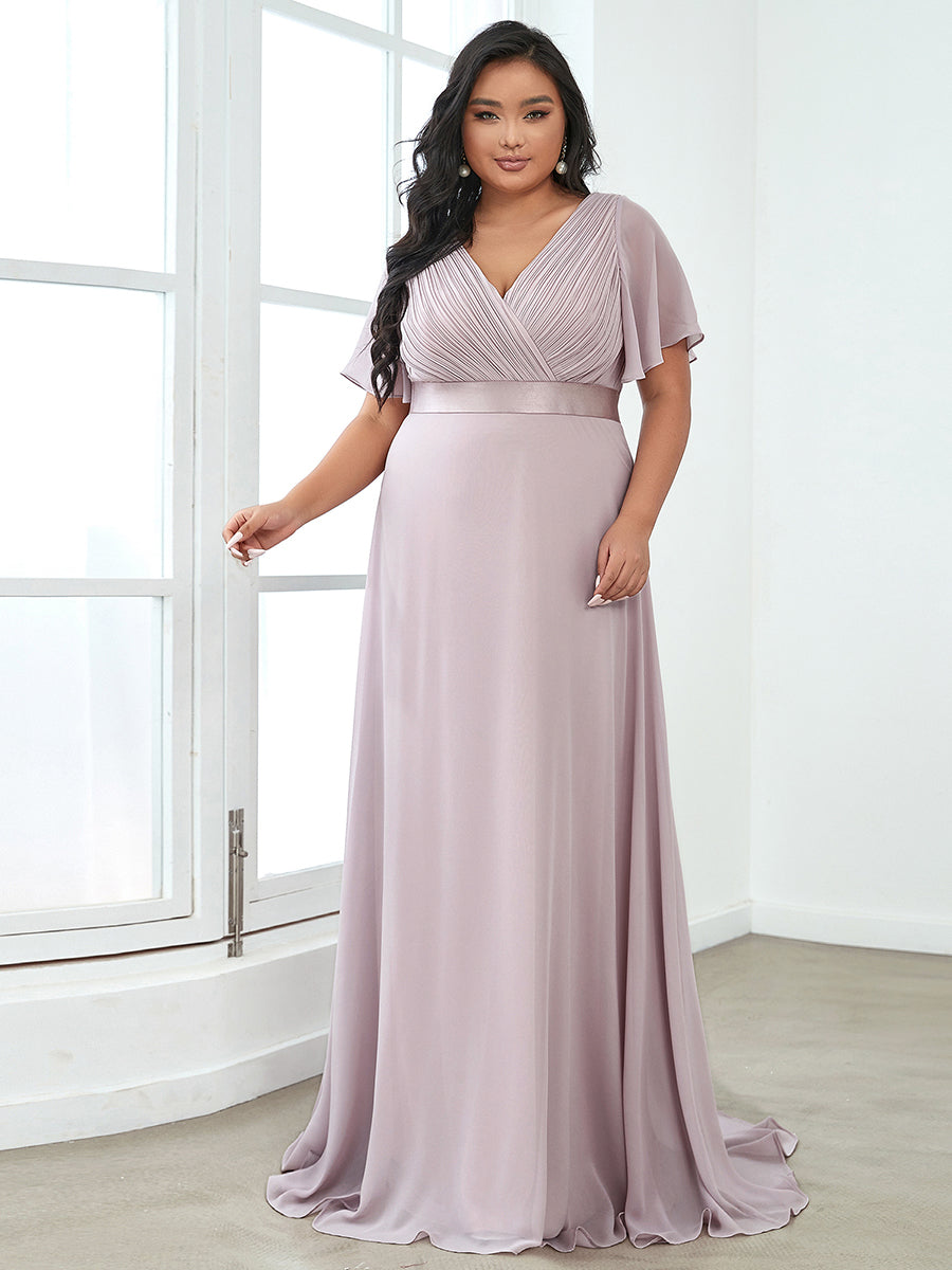 Elegant V-Neck Flutter Sleeve Evening Gown with Ruffled Hem