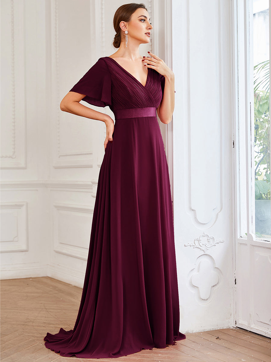 Elegant V-Neck Flutter Sleeve Evening Gown with Ruffled Hem