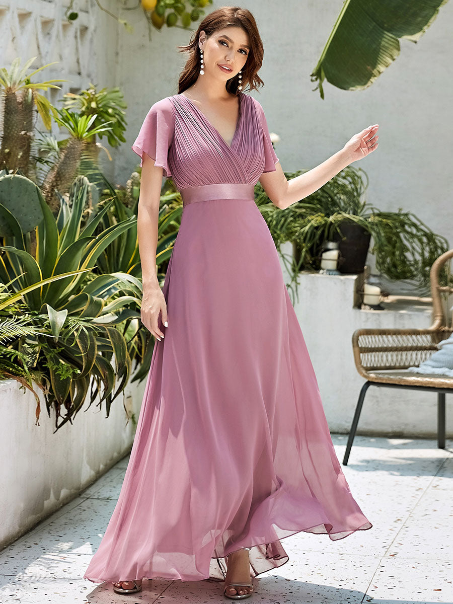 Sophisticated Chiffon Evening Gown with Double V-Neck and Elegant Ruffles