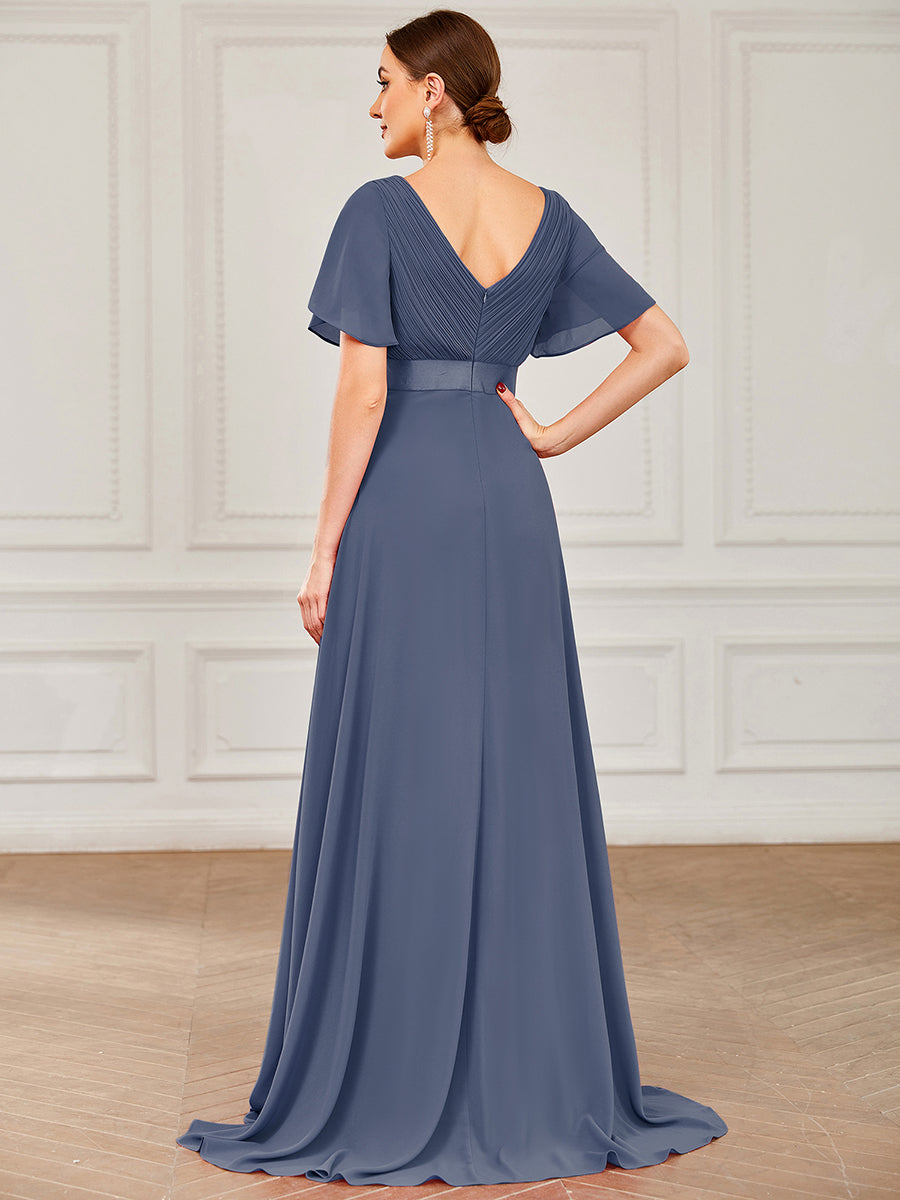 Elegant V-Neck Flutter Sleeve Evening Gown with Ruffled Hem