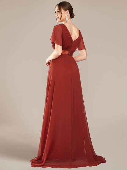 Elegant V-Neck Flutter Sleeve Evening Gown with Ruffled Hem