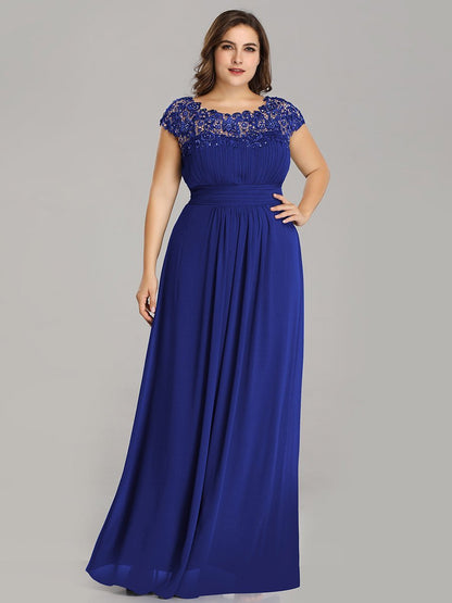 Elegant Lace Cap Sleeve Chiffon Evening Gown with Ruched Detail: Lacey Neckline Open Back Ruched Bust Plus Size Evening Dress