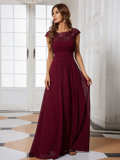 Lacey Neckline Open Back Ruched Bust Evening Dresses
