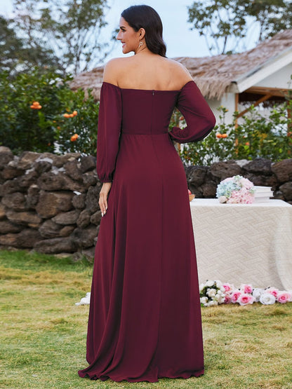 Modern Chic Off-Shoulder Chiffon Bridesmaid Gown with High Slit and Long Sleeves