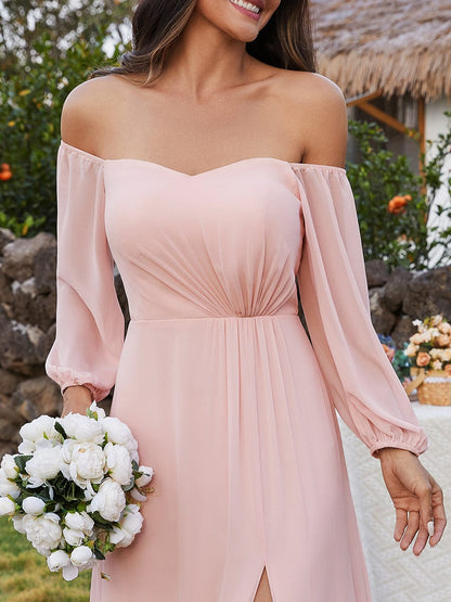 Modern Chic Off-Shoulder Chiffon Bridesmaid Gown with High Slit and Long Sleeves