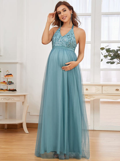 Maternity Dress - A Line Floor Length Halter Neck Wholesale Maternity Dresses - MsDressly