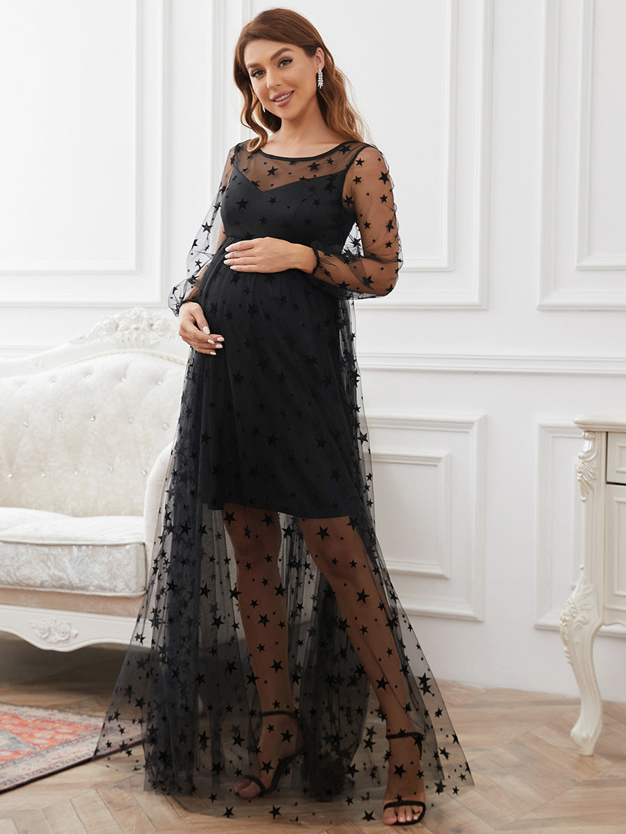 Starry Night Round Neck Maternity Gown with Sheer Sleeves