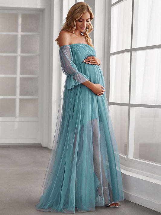 Elegant Sheer Off-Shoulder Double Skirt Maternity Maxi Dress