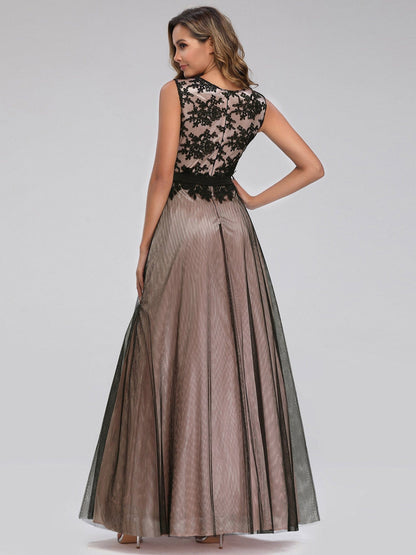 Dresses - A Line Sleeveless Lace Wholesale Evening Dress with Black Brocade - MsDressly