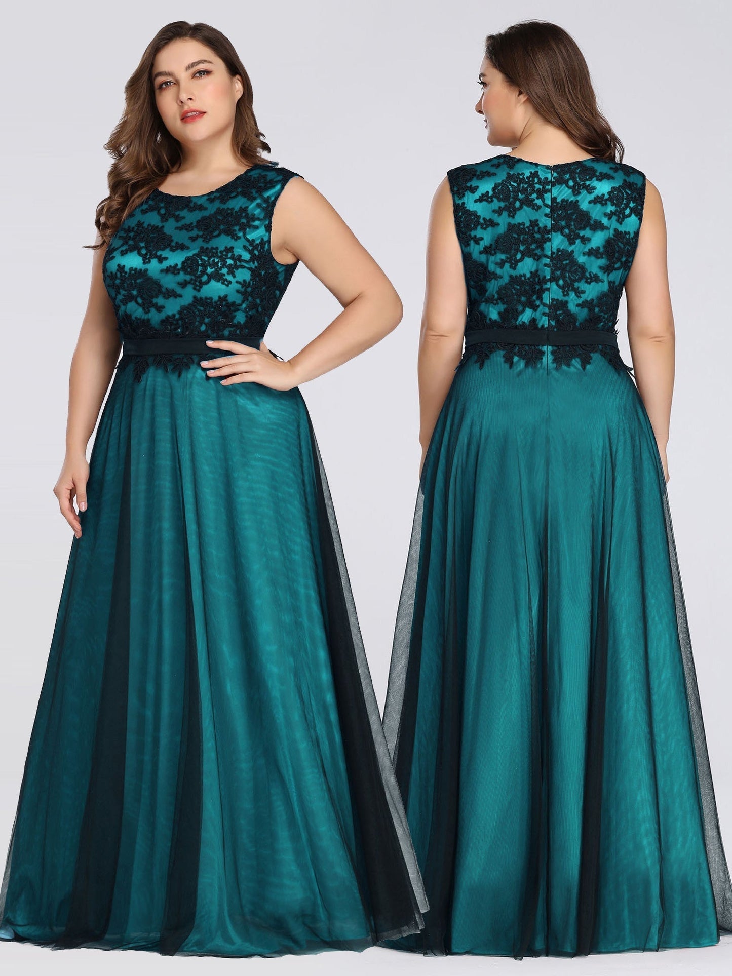 Dresses - A Line Sleeveless Lace Wholesale Evening Dress with Black Brocade - MsDressly