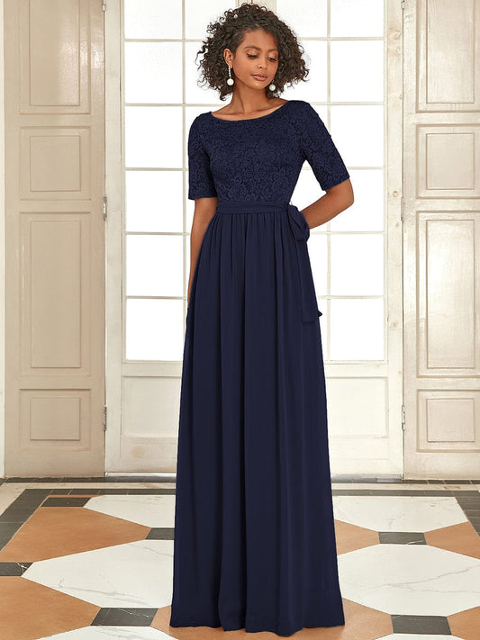 Sophisticated Lace Bodice Chiffon Maxi Evening Gown with Belt for Elegant Occasions